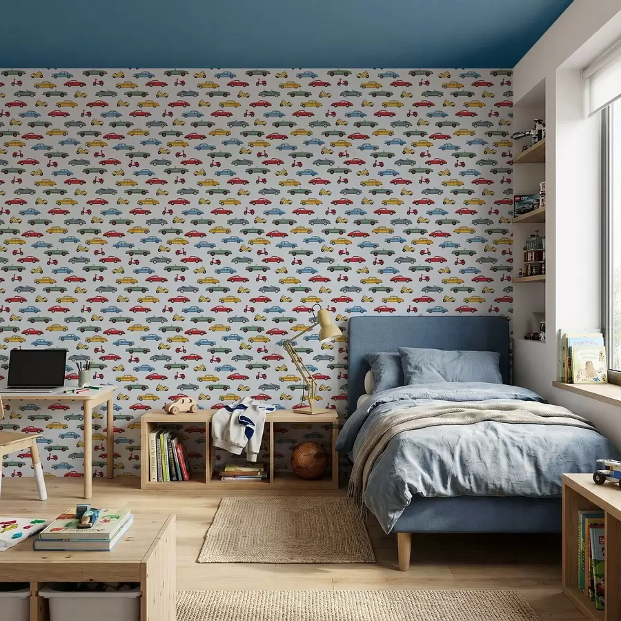 wall murals Ретро аутомобили и скутери на плавој позадини a01172v2