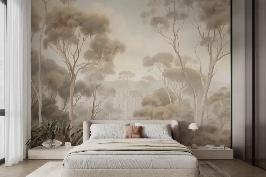 wall murals Магловити шумски пејзаж са високим стаблима еукалиптуса, са валовитим брдима под облачним небом, текстурирана уметност w09822