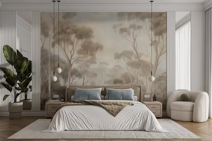 wall murals Магловити шумски пејзаж са високим стаблима еукалиптуса, са валовитим брдима под облачним небом, текстурирана уметност w09822