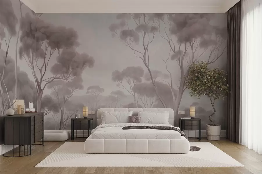 wall murals Магловити шумски пејзаж са високим стаблима еукалиптуса, са валовитим брдима под облачним небом, текстурирана уметност w09822v1