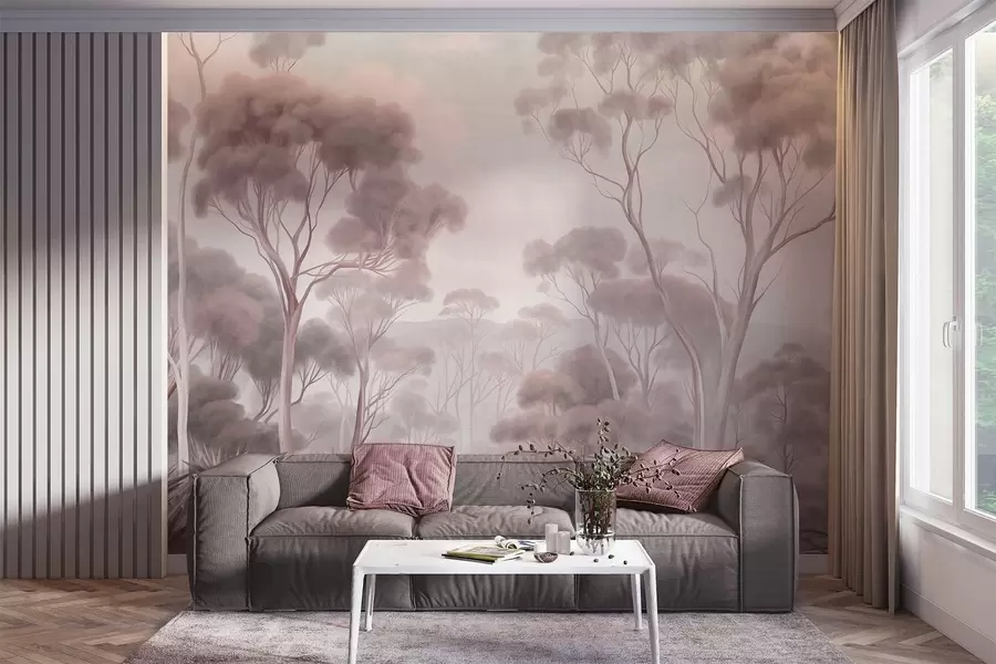 wall murals Магловити шумски пејзаж са високим стаблима еукалиптуса, са валовитим брдима под облачним небом, текстурирана уметност w09822v1