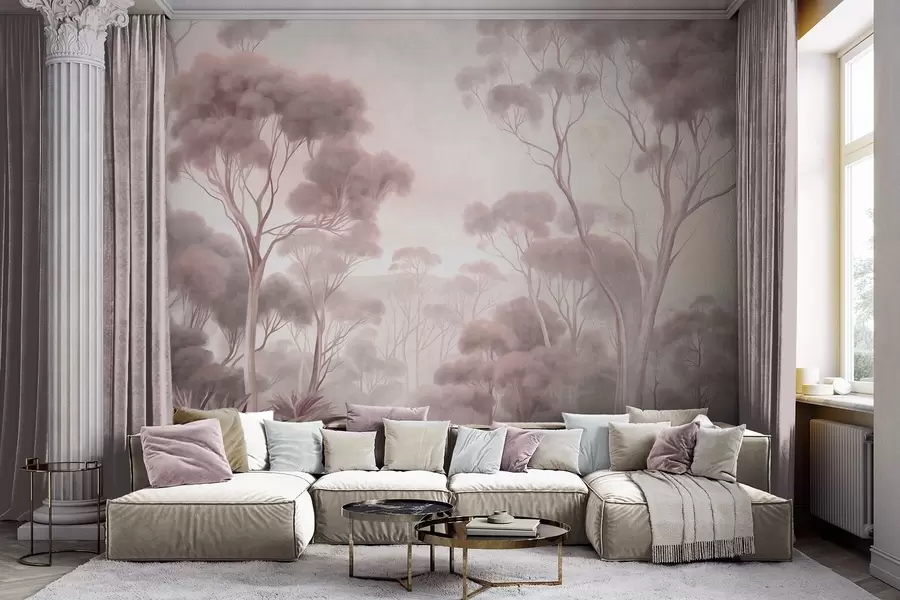 wall murals Магловити шумски пејзаж са високим стаблима еукалиптуса, са валовитим брдима под облачним небом, текстурирана уметност w09822v1