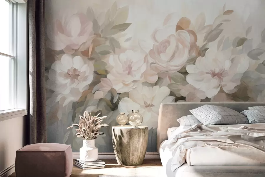 wall murals Бледо ружичасто и бело цвеће са зеленим листовима, осликани стил, импресионистички стил, текстурирана уметност w09824