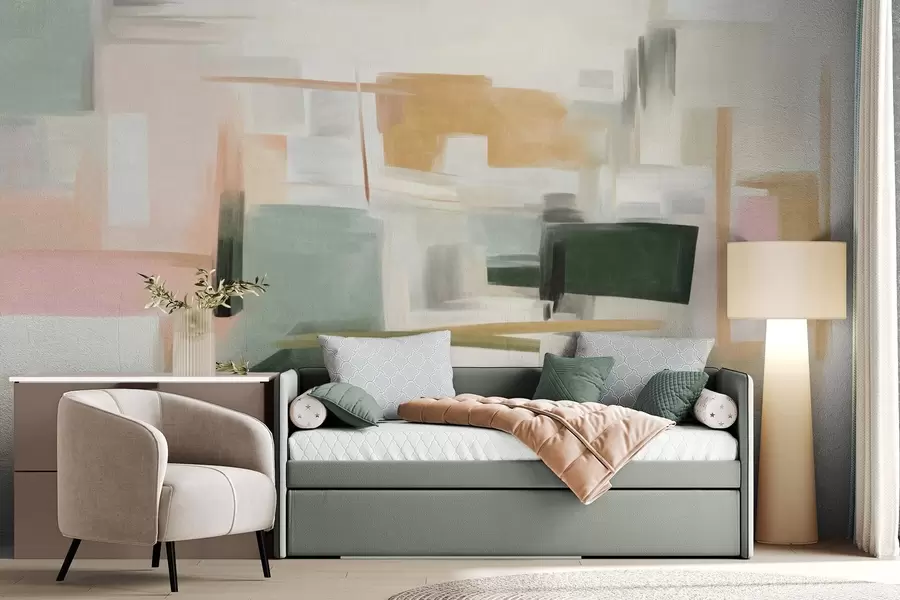 wall murals Апстрактни минималистички стил сликања са меким пастелним бојама, геометријским облицима и линијама w09828