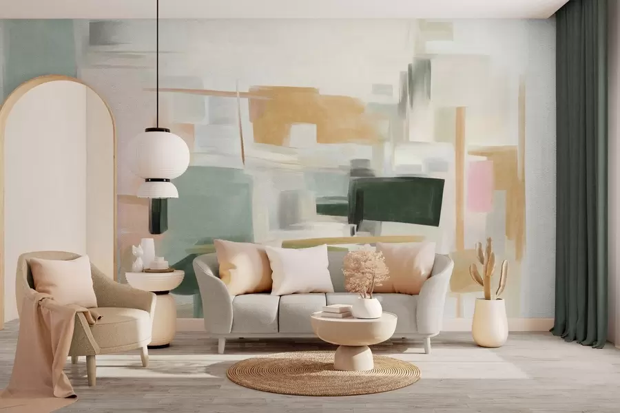wall murals Апстрактни минималистички стил сликања са меким пастелним бојама, геометријским облицима и линијама w09828