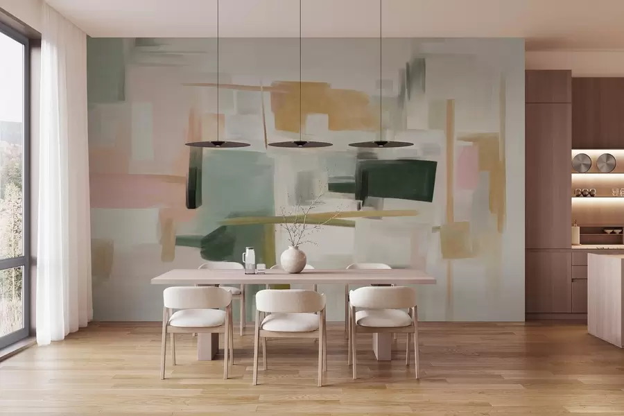 wall murals Апстрактни минималистички стил сликања са меким пастелним бојама, геометријским облицима и линијама w09828