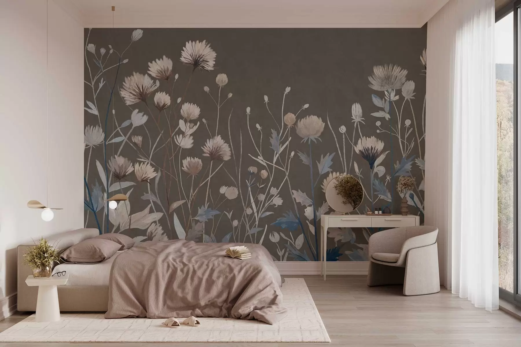 wall murals Дивље пољске траве и цвеће приказане у сликарском стилу на сиво-смеђој позадини w05563v2