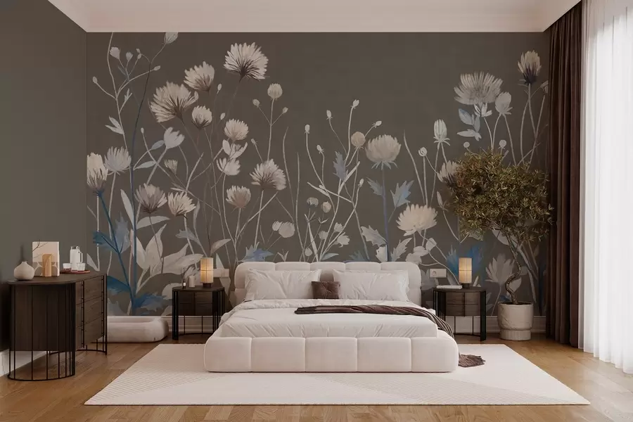 wall murals Дивље пољске траве и цвеће приказане у сликарском стилу на сиво-смеђој позадини w05563v2