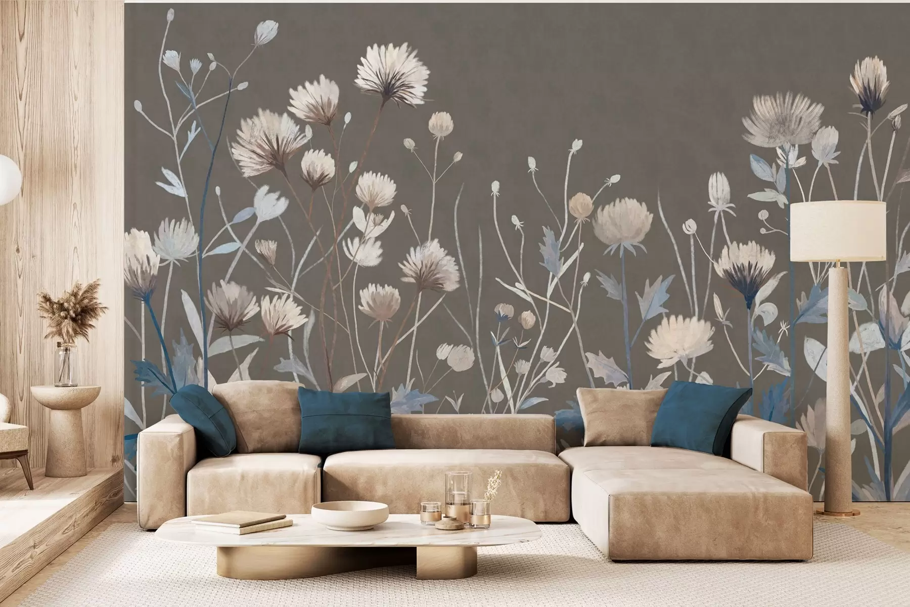 wall murals Дивље пољске траве и цвеће приказане у сликарском стилу на сиво-смеђој позадини w05563v2