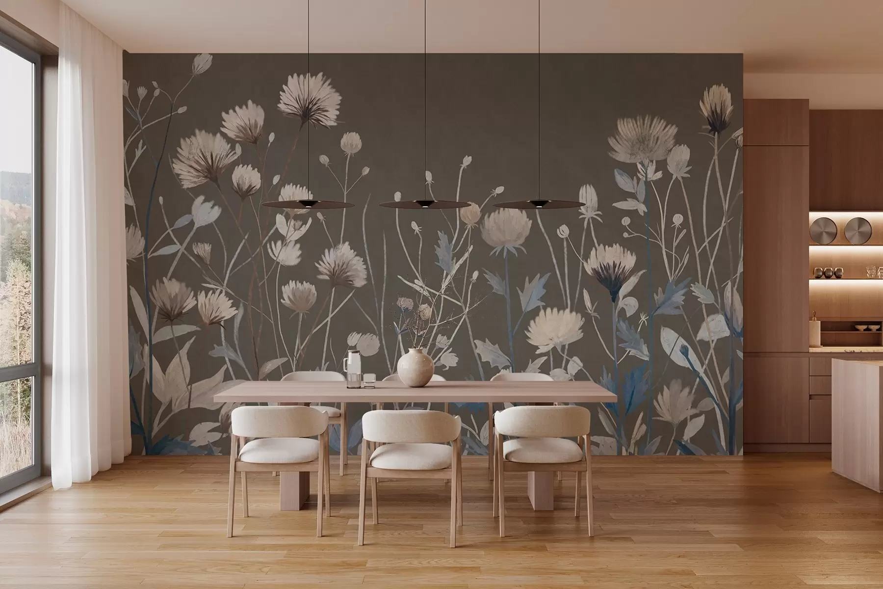 wall murals Дивље пољске траве и цвеће приказане у сликарском стилу на сиво-смеђој позадини w05563v2