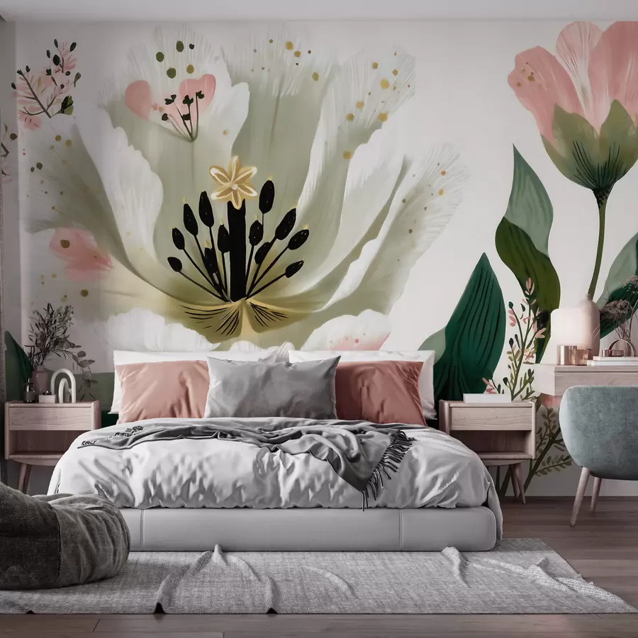 wall murals Цвет са зеленим листовима и нежно ружичастим акцентима у акварел стилу w09836