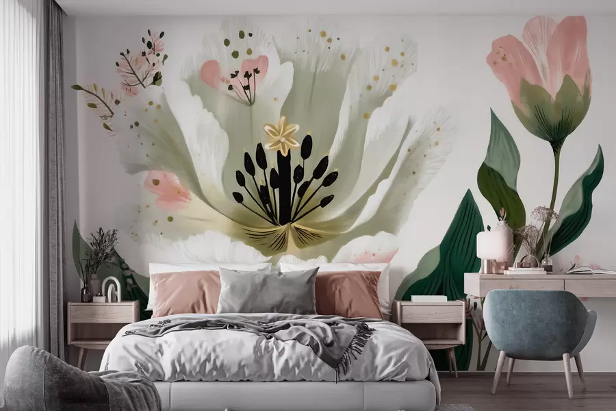 wall murals Цвет са зеленим листовима и нежно ружичастим акцентима у акварел стилу w09836