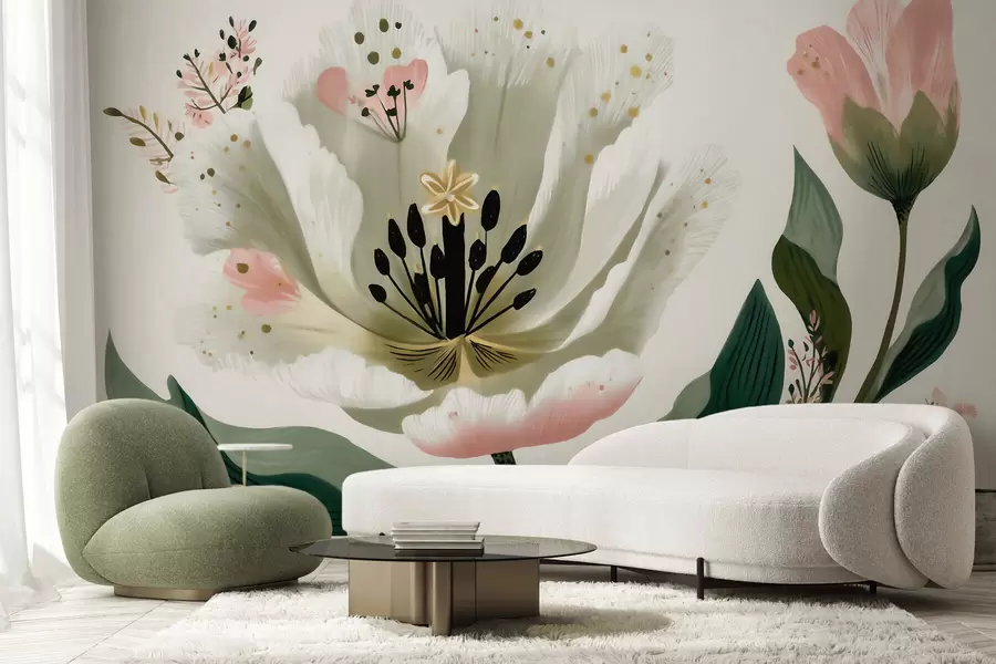 wall murals Цвет са зеленим листовима и нежно ружичастим акцентима у акварел стилу w09836