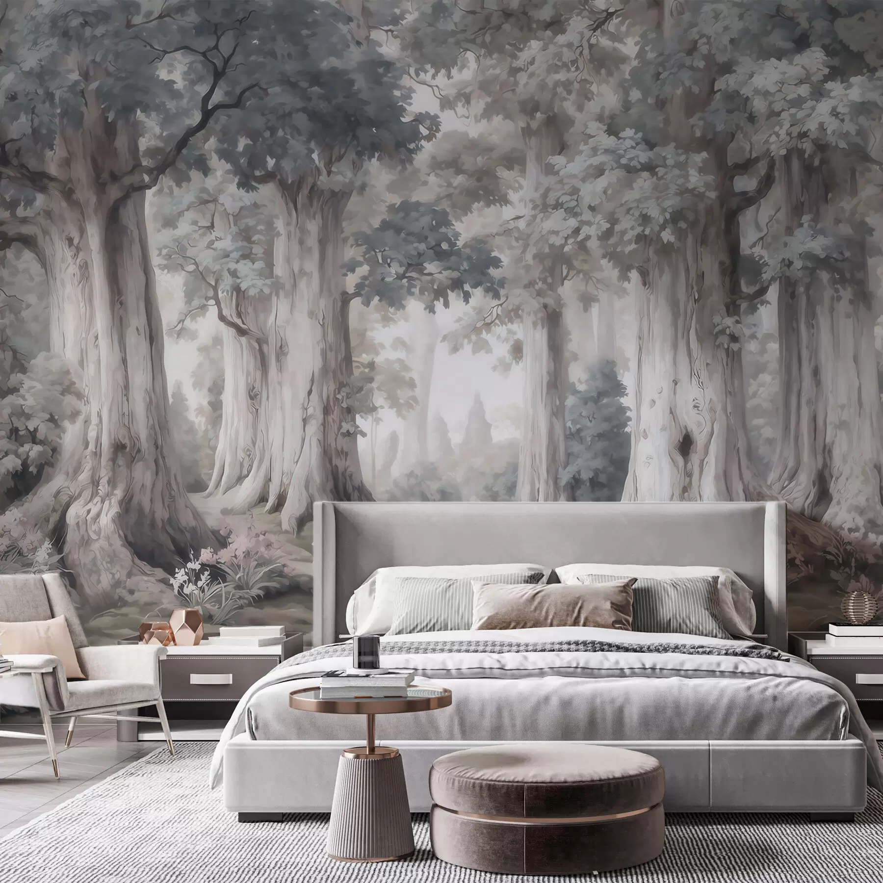 wall murals Бајковита шума са високим дрвећем и нежном пригушеном палетом у стилу акварела w09849
