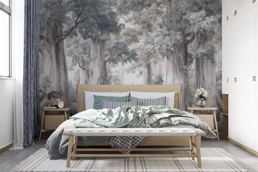 wall murals Бајковита шума са високим дрвећем и нежном пригушеном палетом у стилу акварела w09849