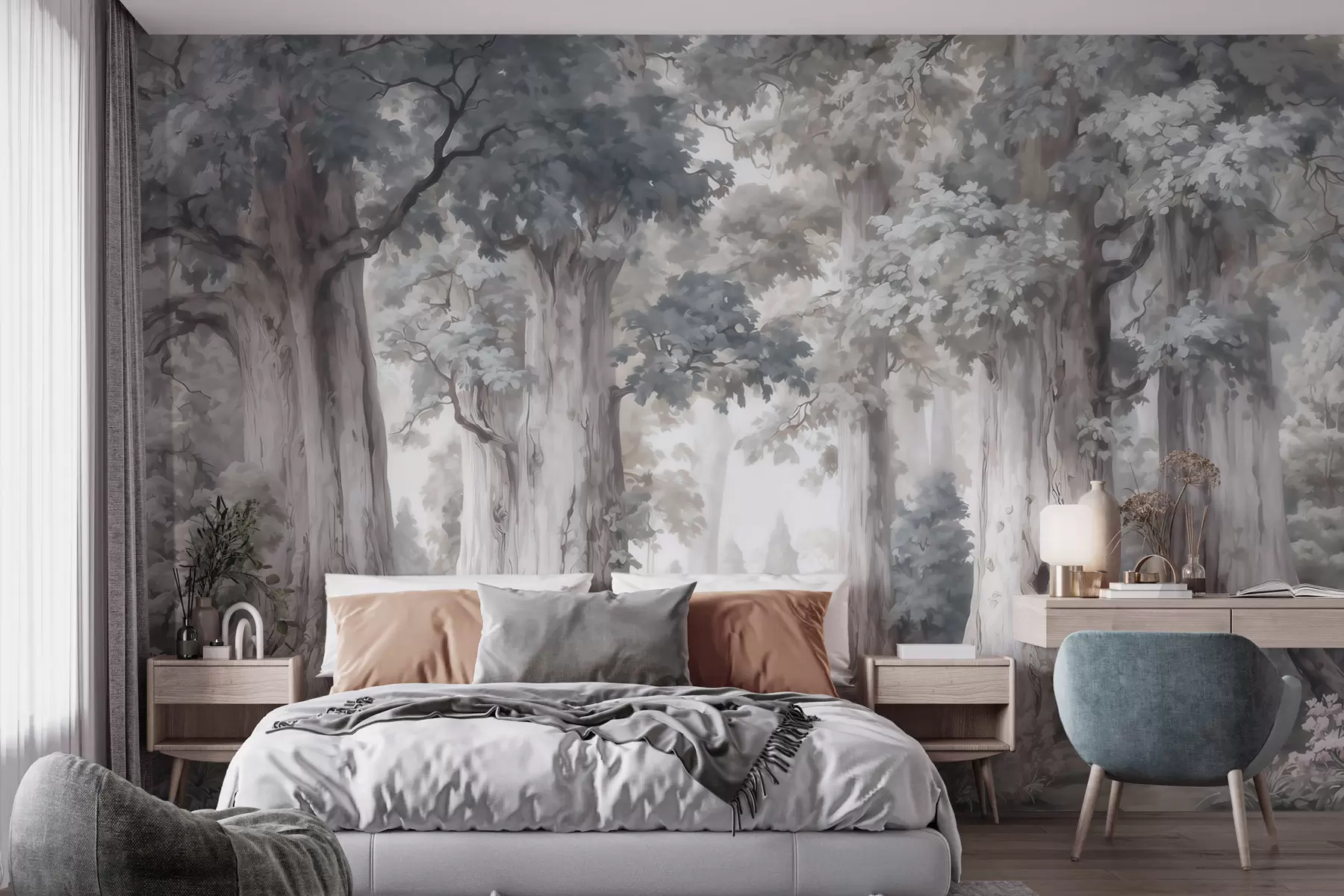 wall murals Бајковита шума са високим дрвећем и нежном пригушеном палетом у стилу акварела w09849