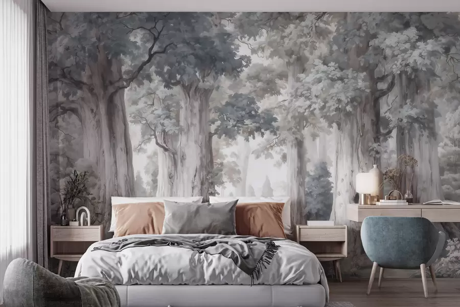 wall murals Бајковита шума са високим дрвећем и нежном пригушеном палетом у стилу акварела w09849