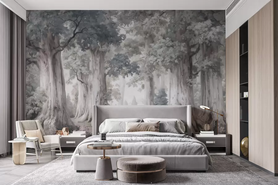 wall murals Бајковита шума са високим дрвећем и нежном пригушеном палетом у стилу акварела w09849