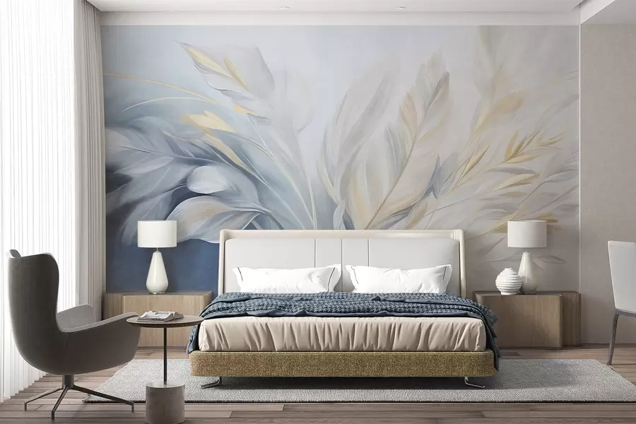 wall murals Текстурирано перје са жутим акцентима, на мекој позадини бледоплаве и беле боје w09826