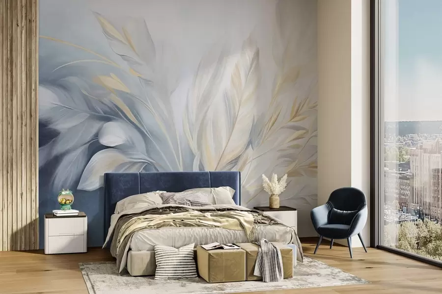 wall murals Текстурирано перје са жутим акцентима, на мекој позадини бледоплаве и беле боје w09826