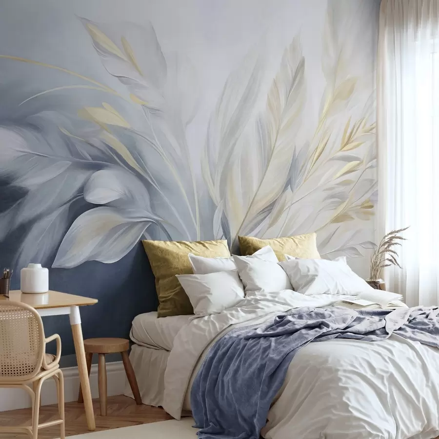wall murals Текстурирано перје са жутим акцентима, на мекој позадини бледоплаве и беле боје w09826
