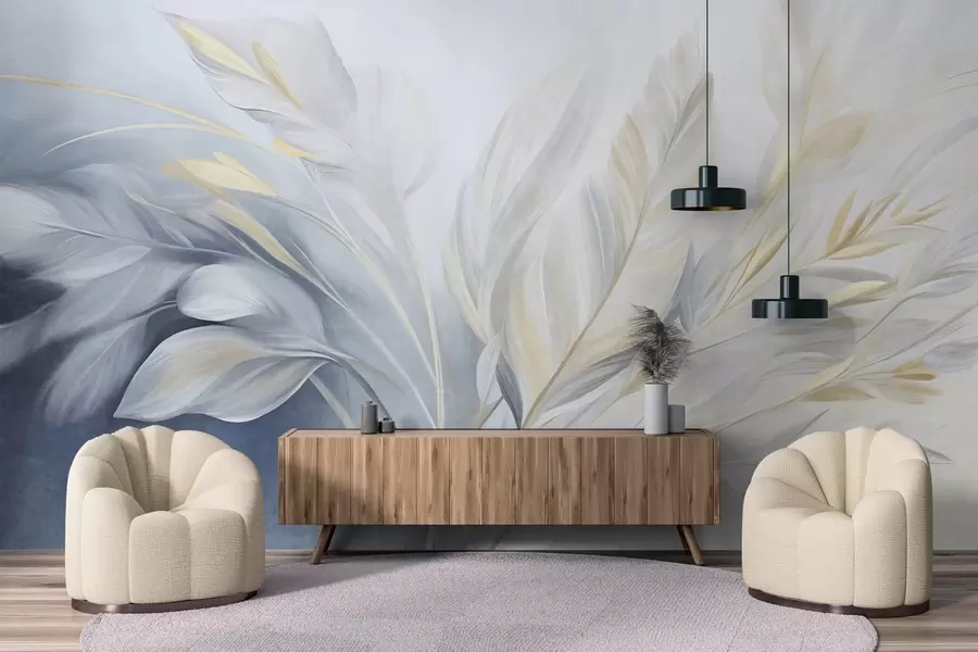 wall murals Текстурирано перје са жутим акцентима, на мекој позадини бледоплаве и беле боје w09826