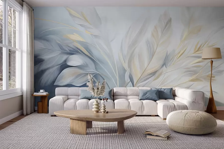 wall murals Текстурирано перје са жутим акцентима, на мекој позадини бледоплаве и беле боје w09826