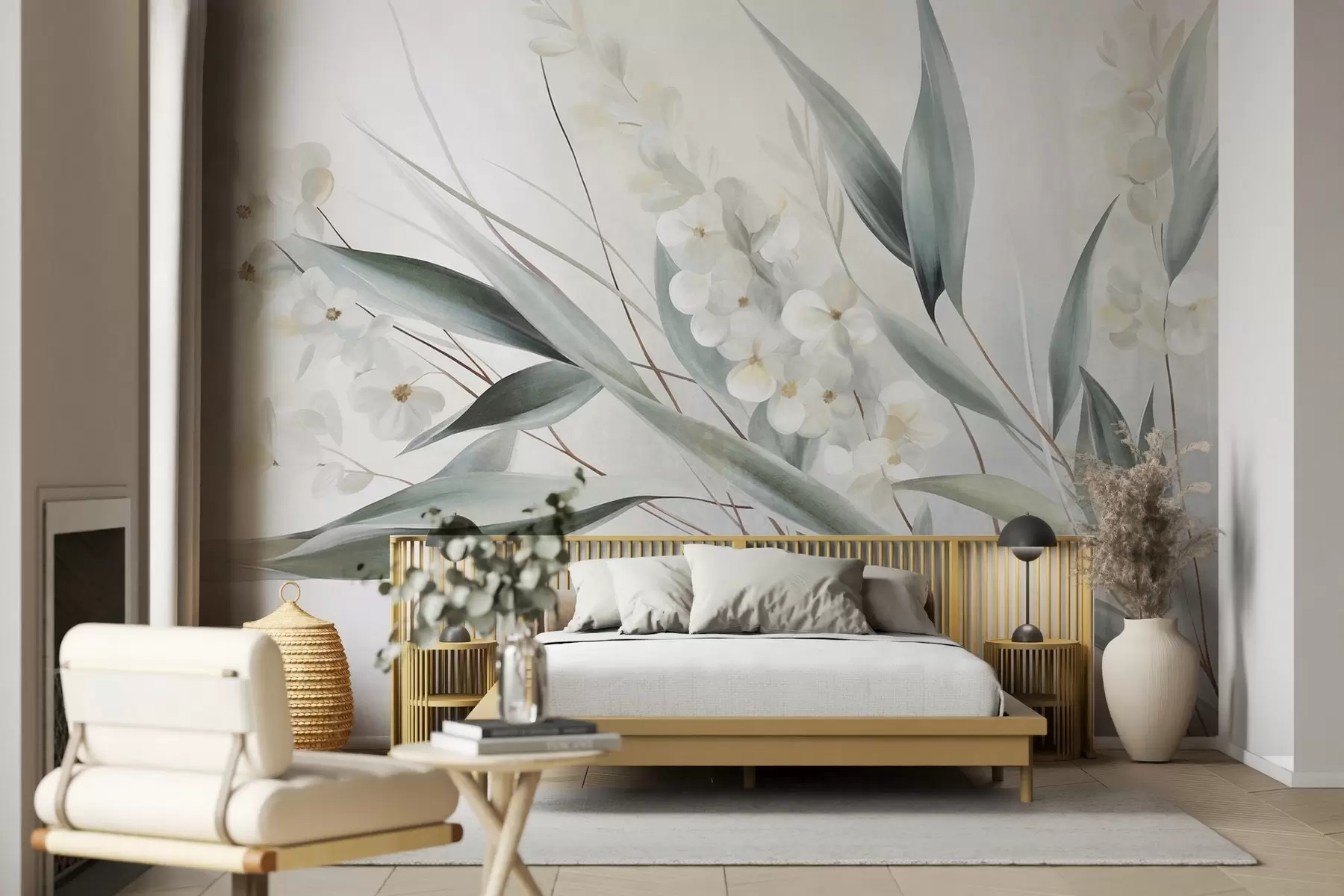 wall murals Нежно цвеће и дуги зелени листови у сликарском стилу са суптилним потезима четкице, текстурираном уметношћу w09827