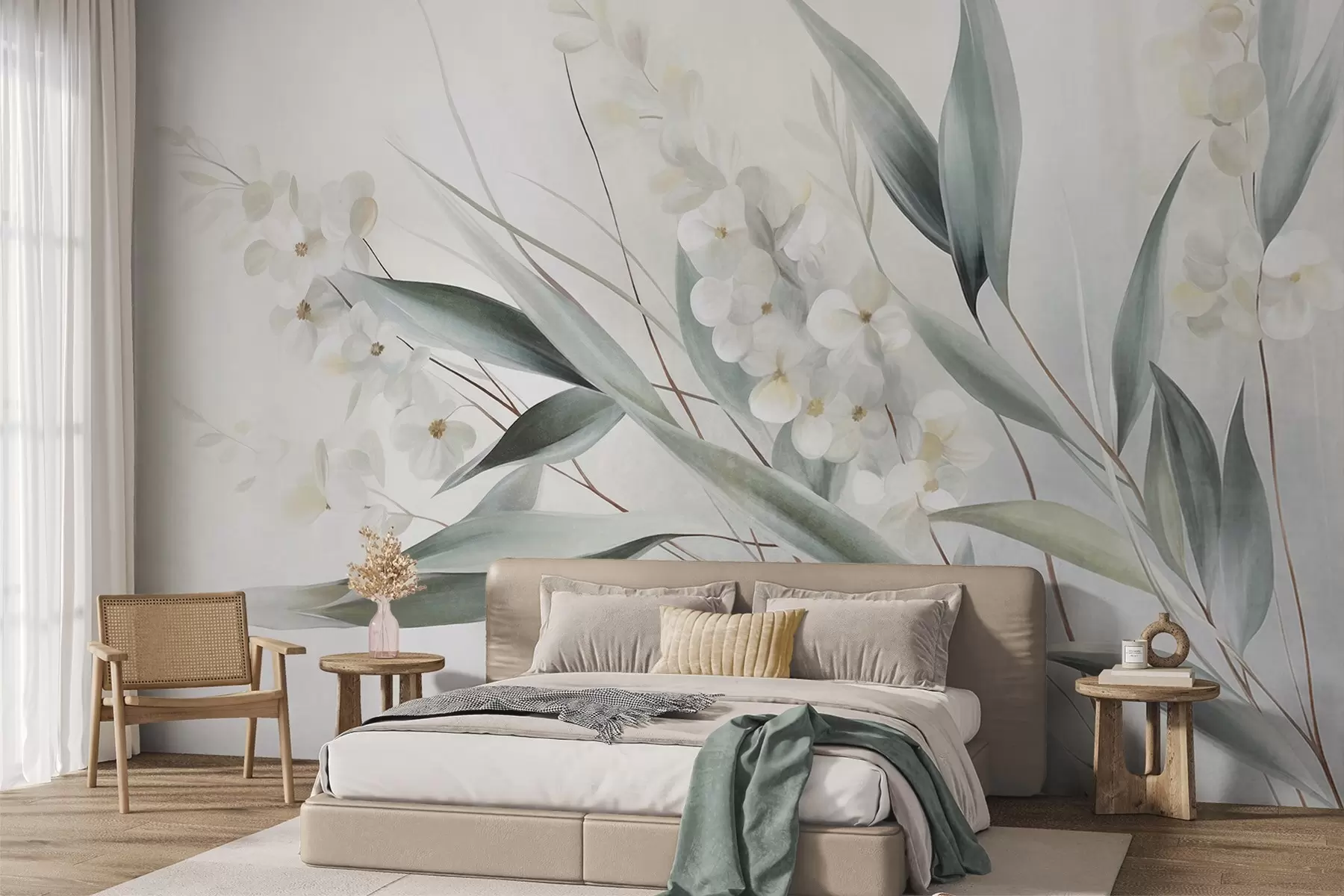 wall murals Нежно цвеће и дуги зелени листови у сликарском стилу са суптилним потезима четкице, текстурираном уметношћу w09827