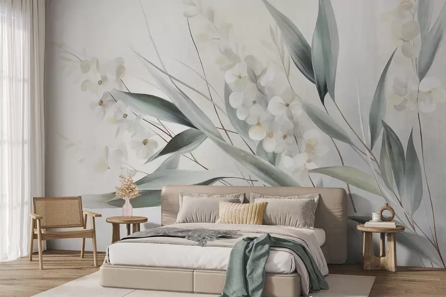 wall murals Нежно цвеће и дуги зелени листови у сликарском стилу са суптилним потезима четкице, текстурираном уметношћу w09827