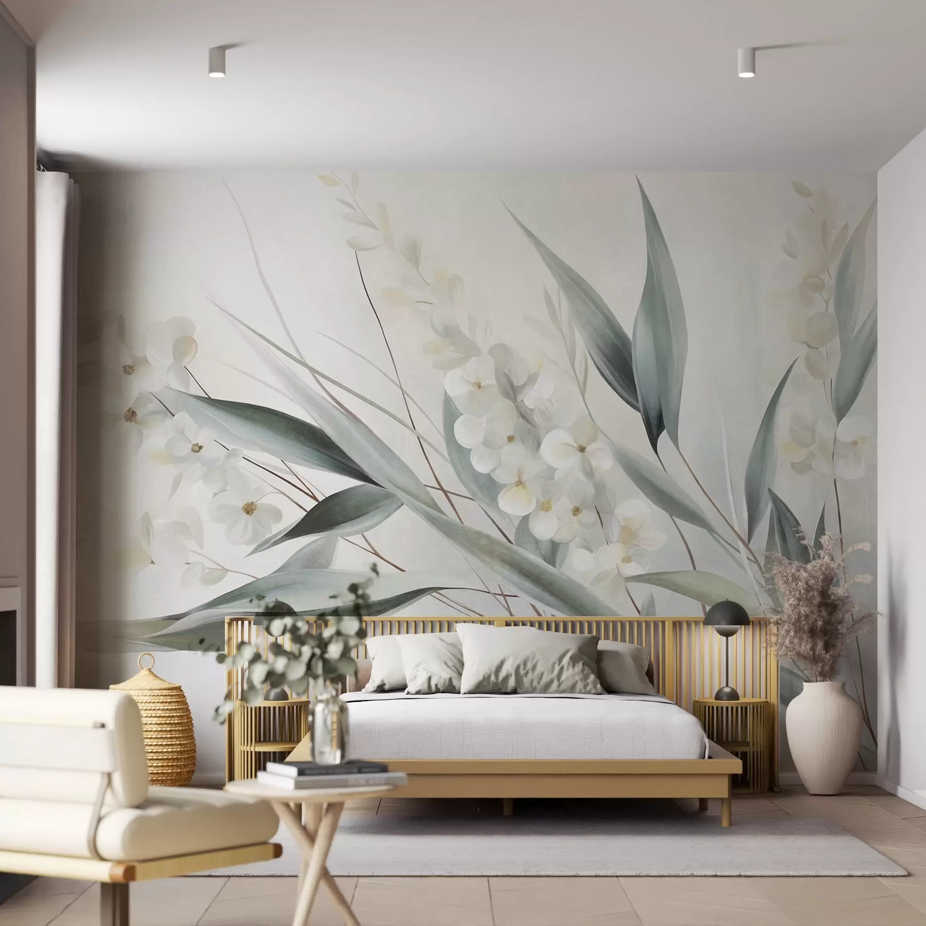 wall murals Нежно цвеће и дуги зелени листови у сликарском стилу са суптилним потезима четкице, текстурираном уметношћу w09827