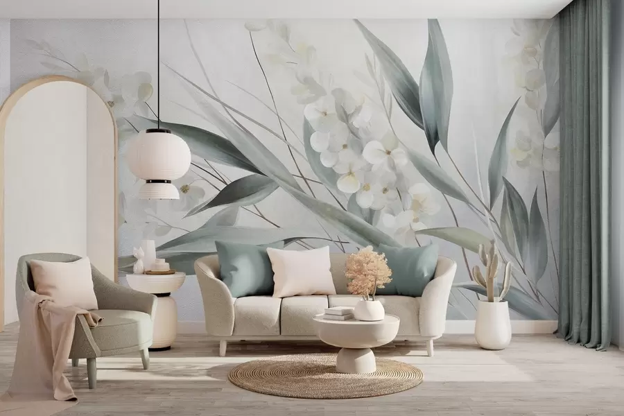 wall murals Нежно цвеће и дуги зелени листови у сликарском стилу са суптилним потезима четкице, текстурираном уметношћу w09827