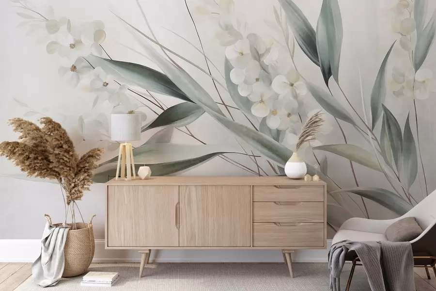 wall murals Нежно цвеће и дуги зелени листови у сликарском стилу са суптилним потезима четкице, текстурираном уметношћу w09827
