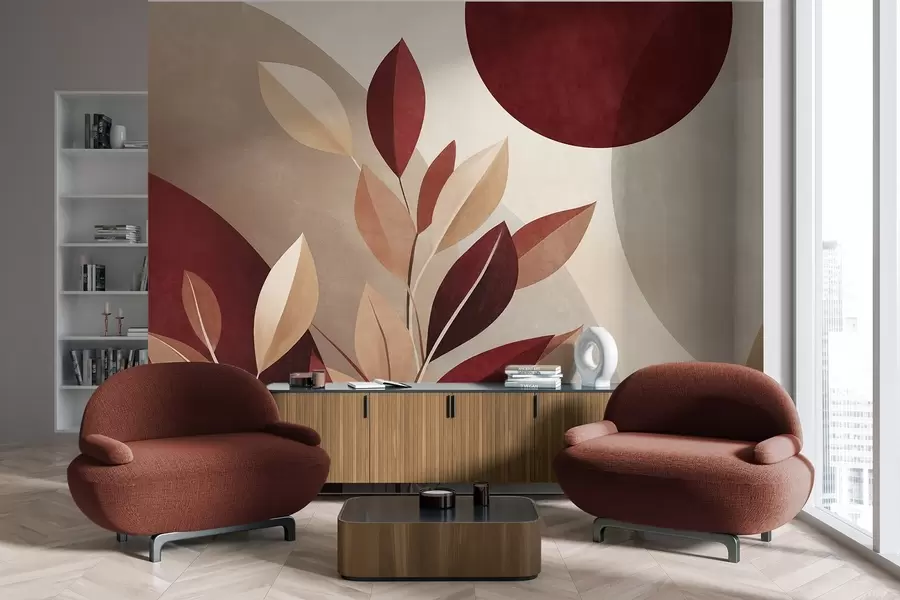 wall murals Текстурирано бордо и беж лишће на позадини апстрактних облика, минимализам, модерна уметност w09829