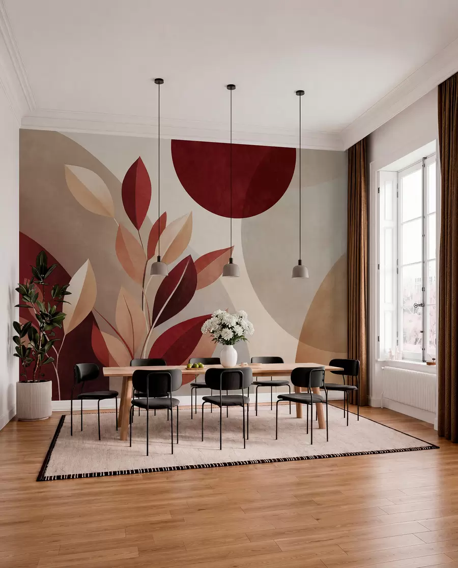wall murals Текстурирано бордо и беж лишће на позадини апстрактних облика, минимализам, модерна уметност w09829