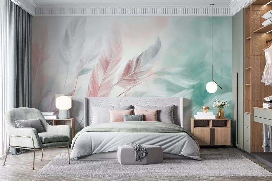 wall murals Текстурирано пастелно перје са меким, танким ивицама, на позадини у акварел стилу w09833v1