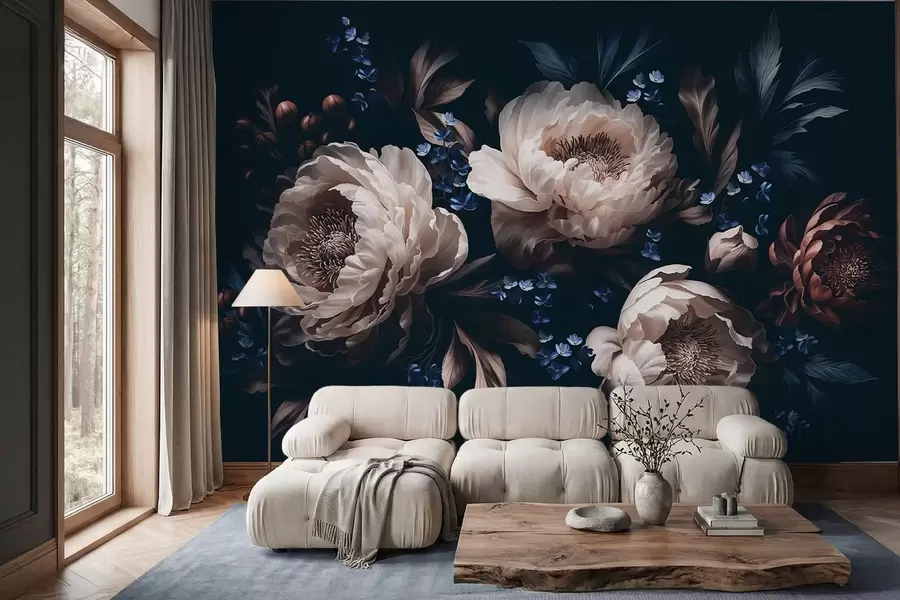 wall murals Тамна цветна композиција са великим цветовима и листовима w05533