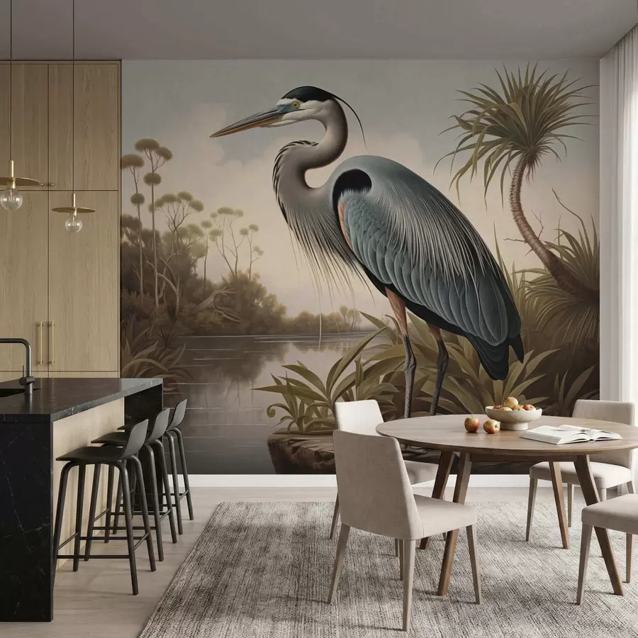 wall murals Чапља поред воде међу биљкама на обали w05572