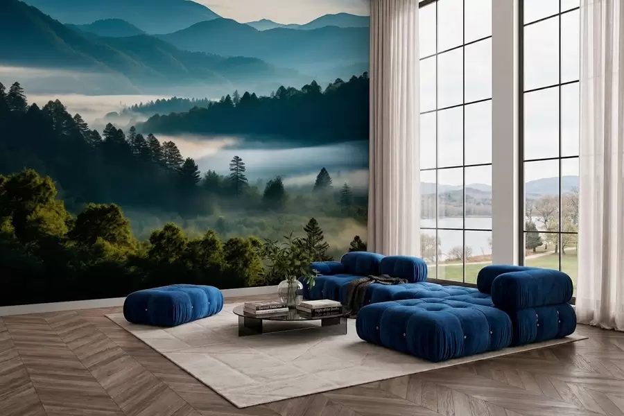 wall murals Планински пејзаж са маглом и шумама у зору w05573