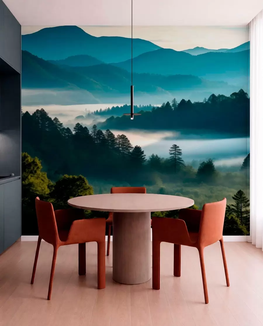 wall murals Планински пејзаж са маглом и шумама у зору w05573