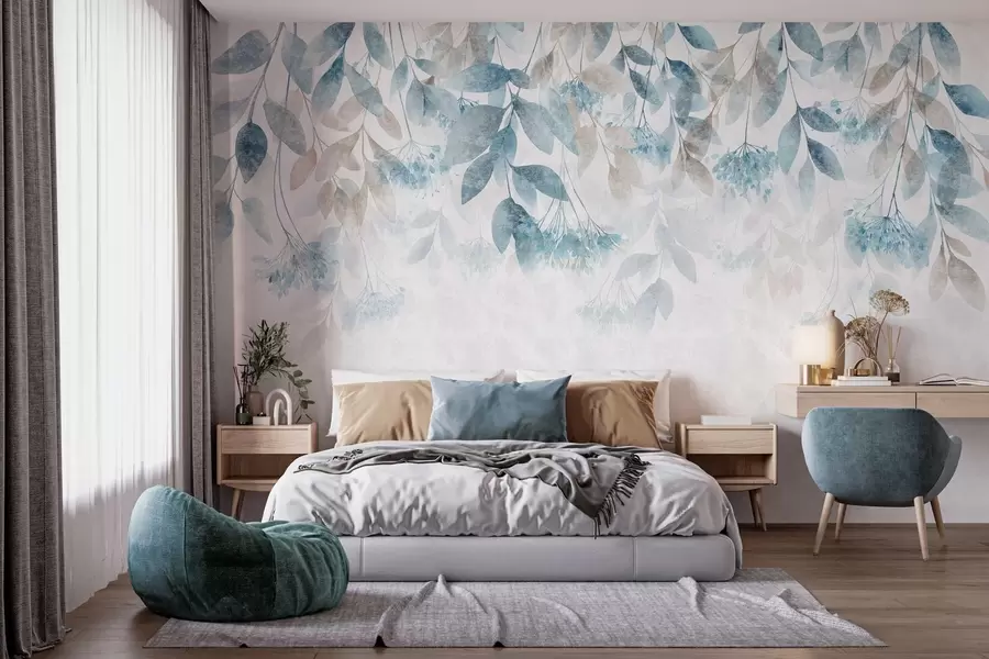 wall murals текстурирани, каскадни листови са цветовима у нијансама тиркизне и беж боје w05565