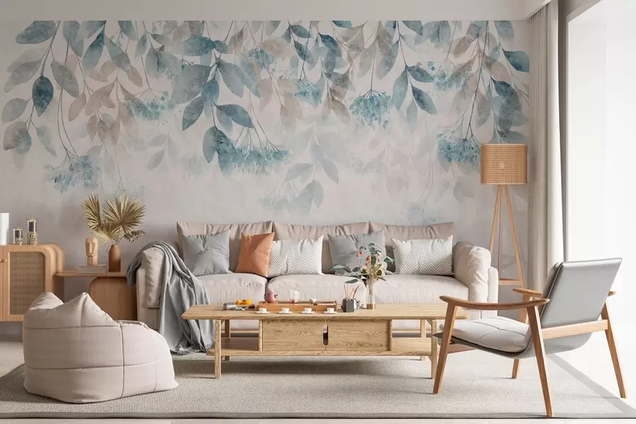 wall murals текстурирани, каскадни листови са цветовима у нијансама тиркизне и беж боје w05565