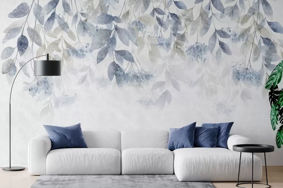 wall murals текстурирани, каскадни листови са цветовима у нијансама плаве и беж w05565v1