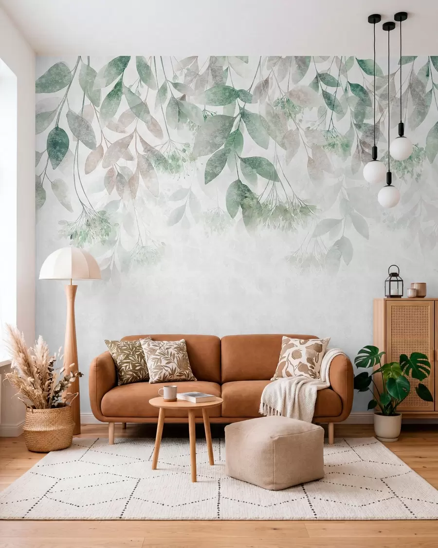 wall murals текстурирани, каскадни листови са цветовима у нијансама зелене и беж w05565v2