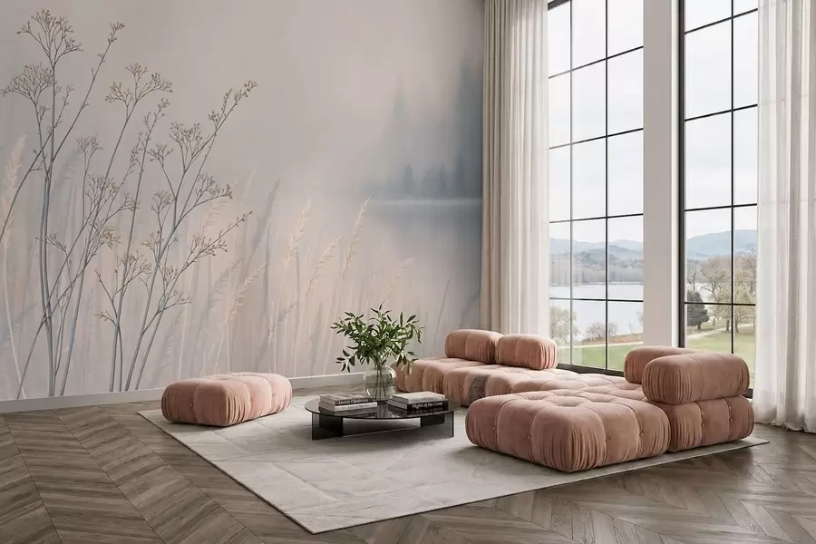 wall murals Ливадске траве поред воде у магловитом пејзажу w05534