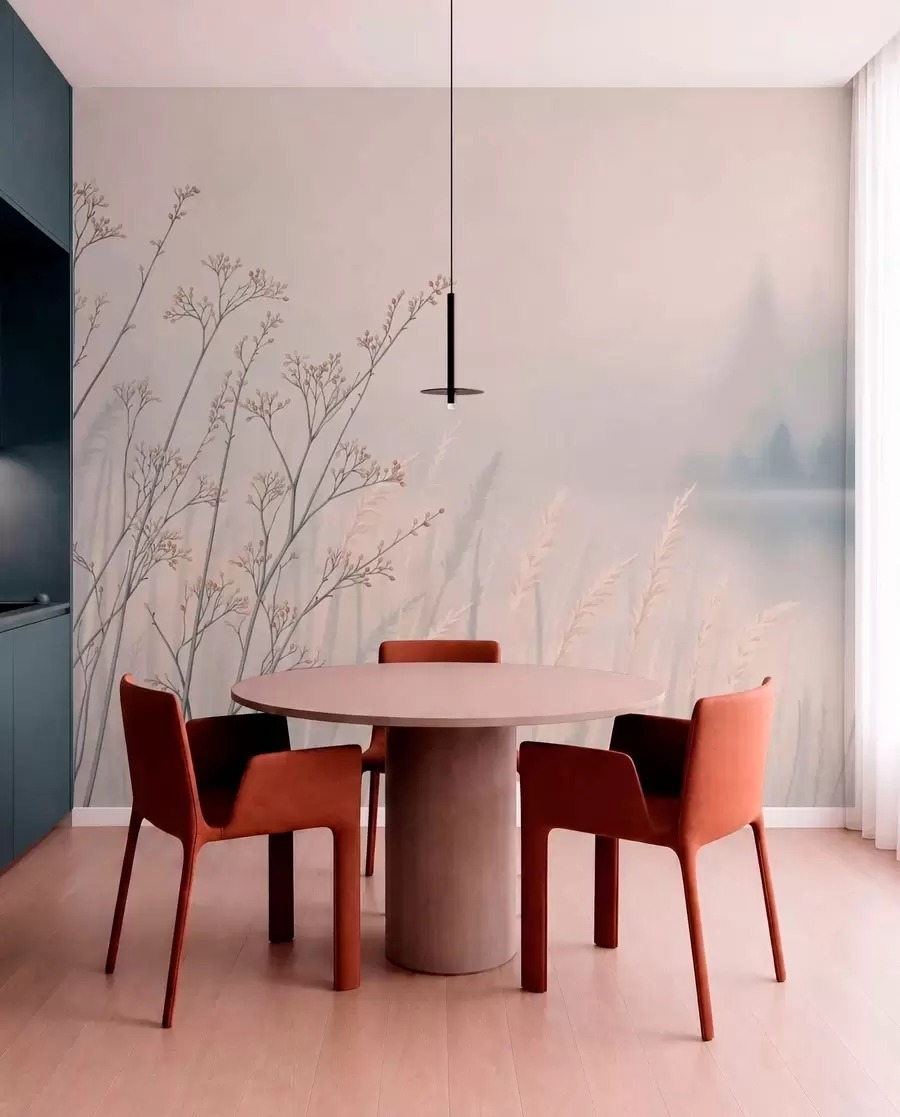 wall murals Ливадске траве поред воде у магловитом пејзажу w05534