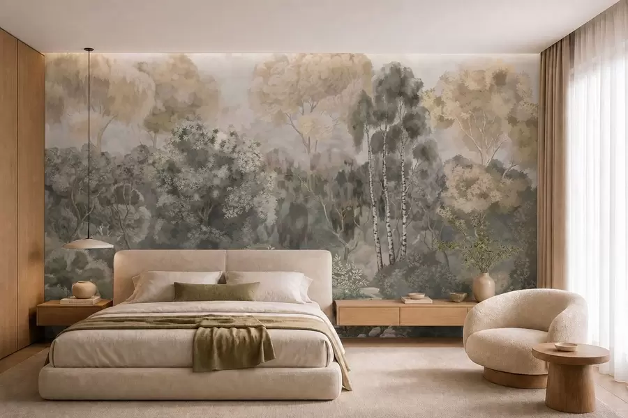 wall murals Шумски пејзаж са реком и густим дрвећем w05542v1