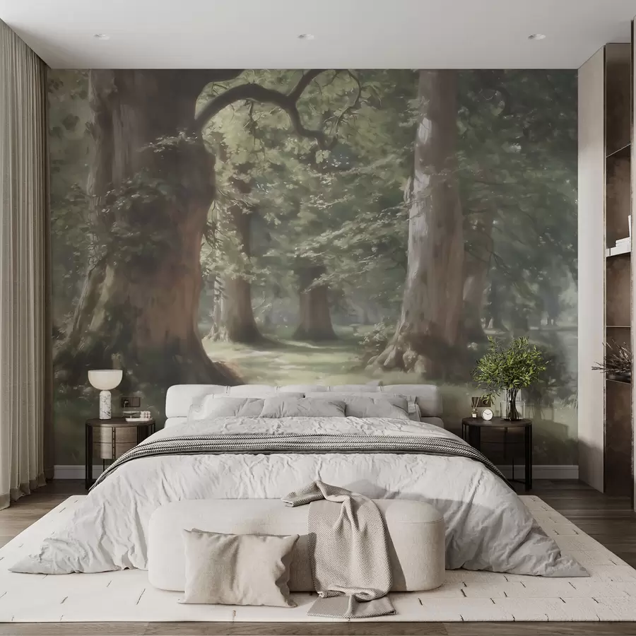 wall murals Бајковити шумски пејзаж у мекој зелено-беж палети у стилу сликарства w09845