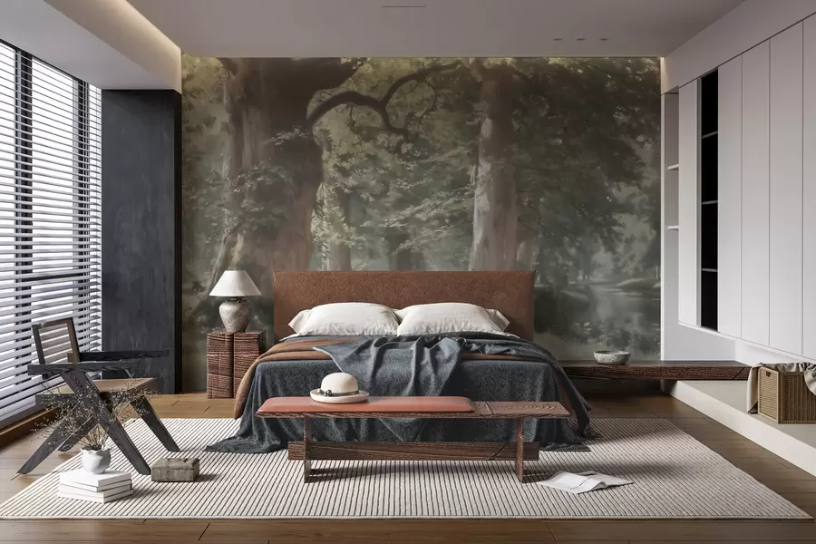 wall murals Бајковити шумски пејзаж у мекој зелено-беж палети у стилу сликарства w09845