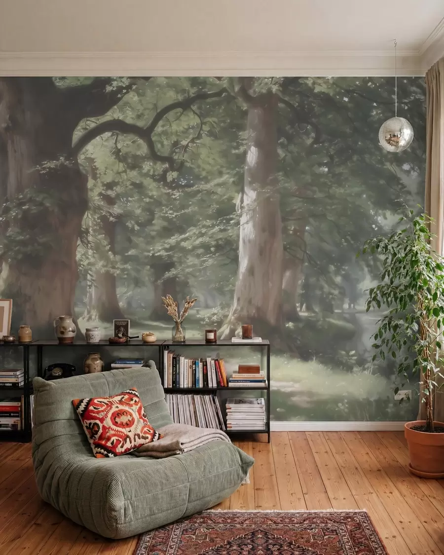 wall murals Бајковити шумски пејзаж у мекој зелено-беж палети у стилу сликарства w09845